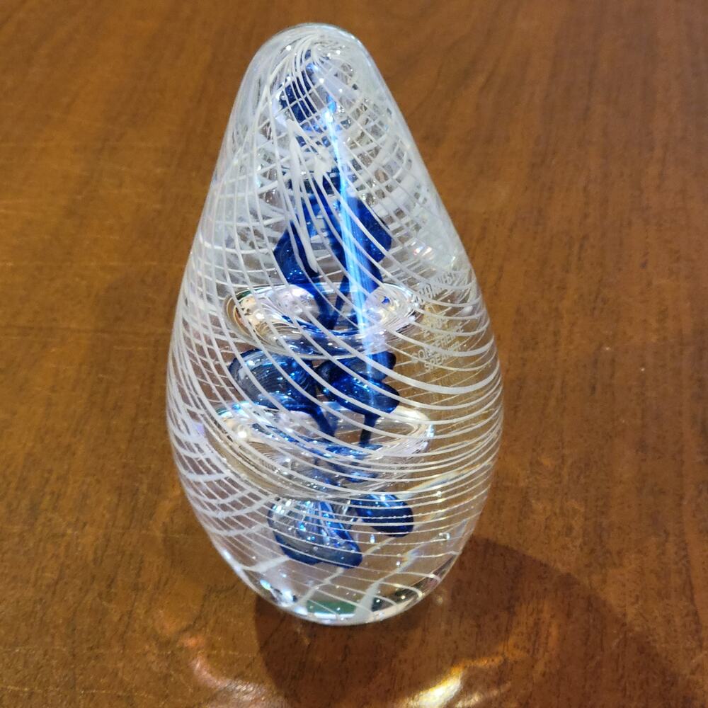 Vintage Collectibles Paper Weight Art Glass Blue with white halo rings